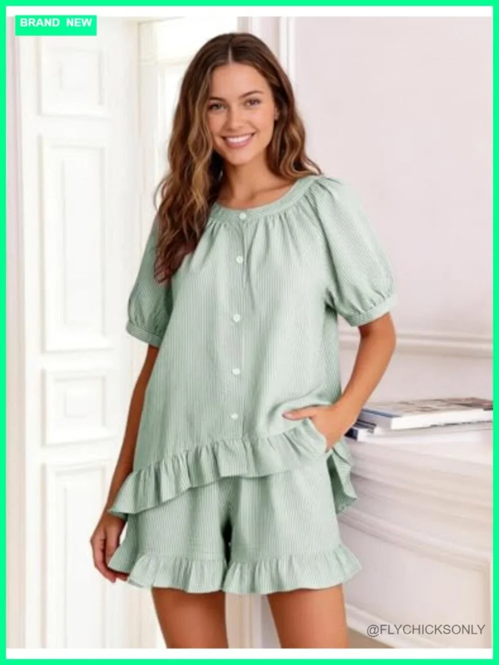 2 Piece Cotton Striped Pajama Set with Puff Sleeves Babydoll Top and Shorts
